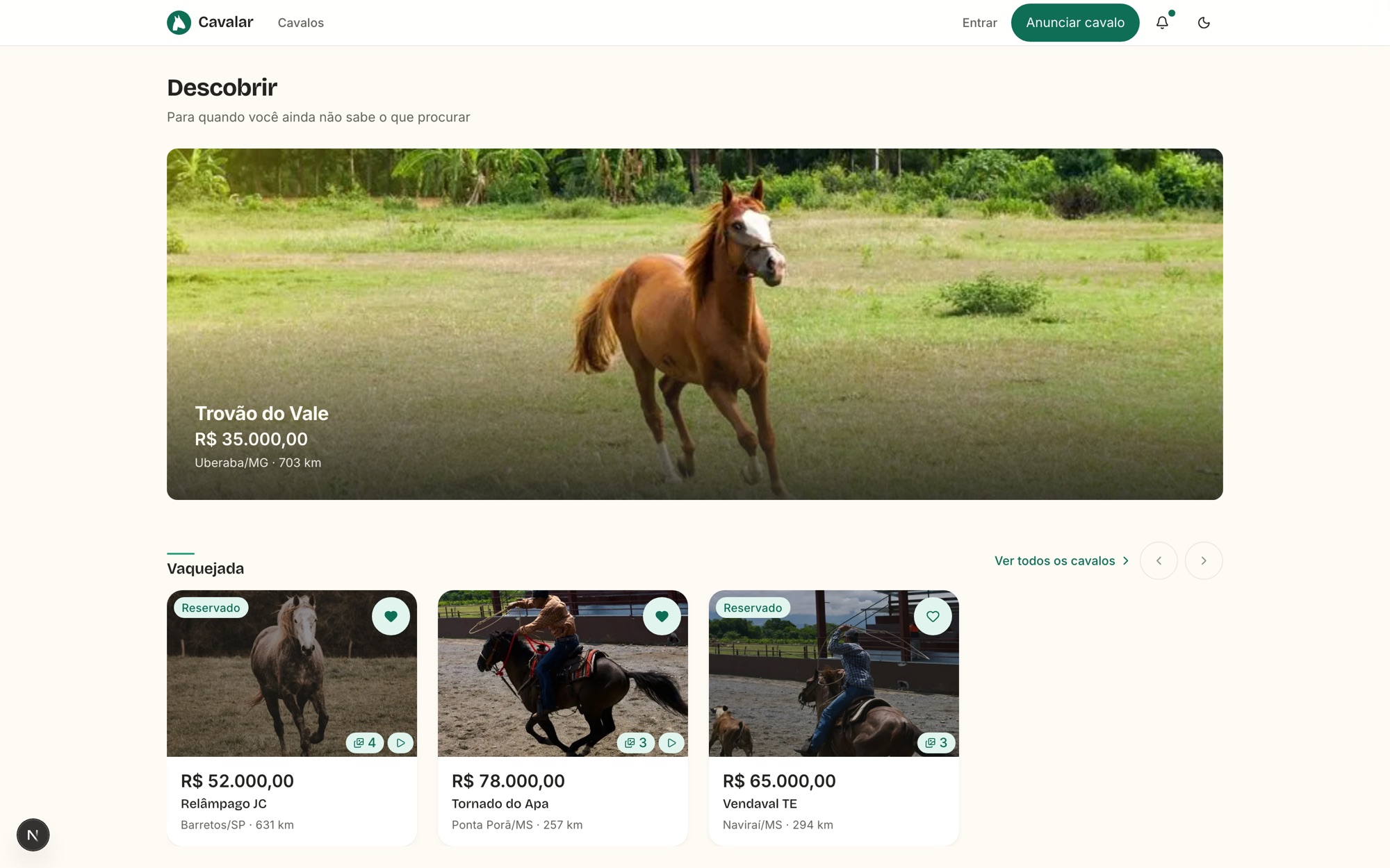 Tela Descobrir do Cavalar, com destaque em imagem grande e carrosséis por categoria