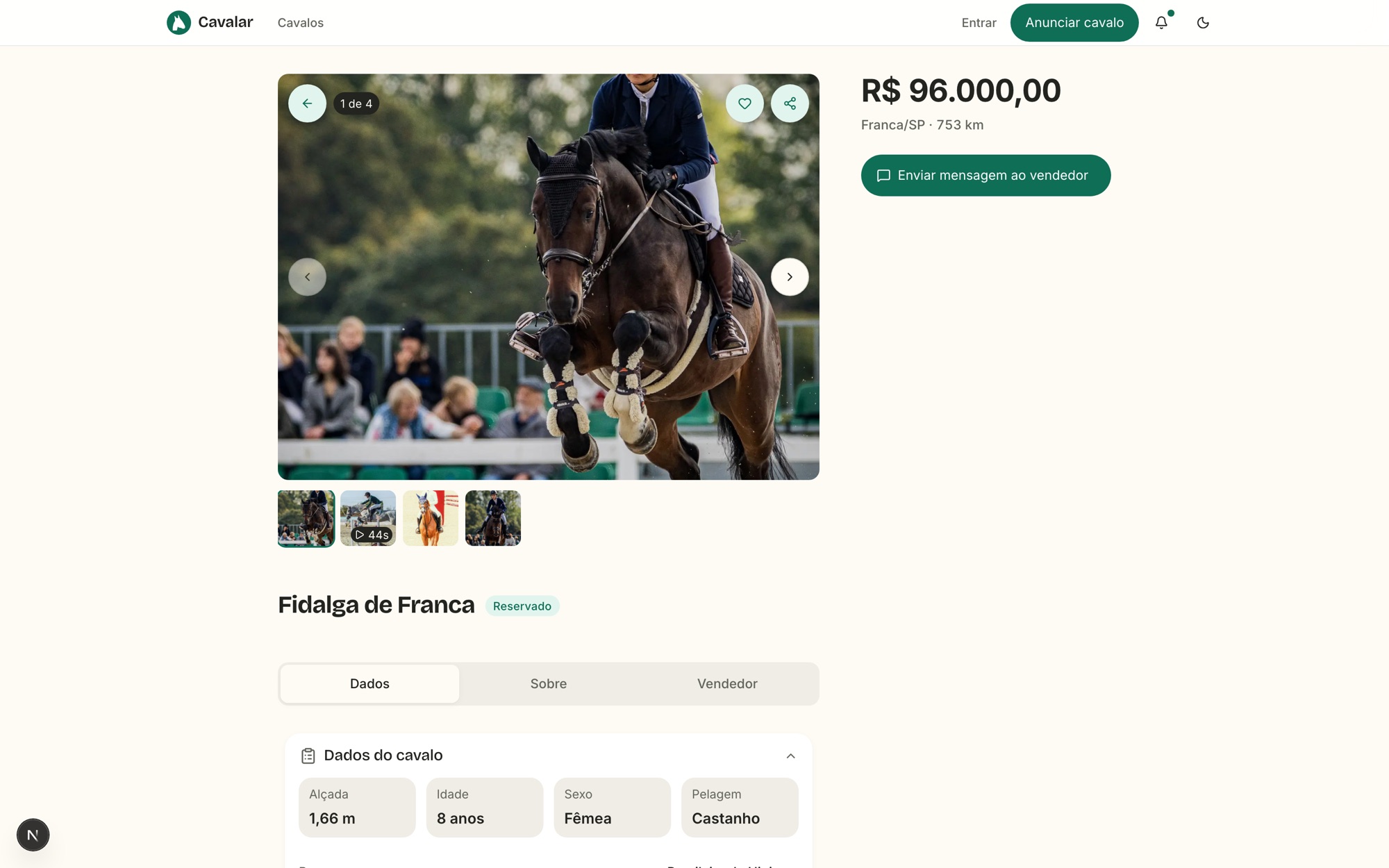 Ficha de um cavalo no Cavalar, com galeria, preço, localização e a ação principal de contato