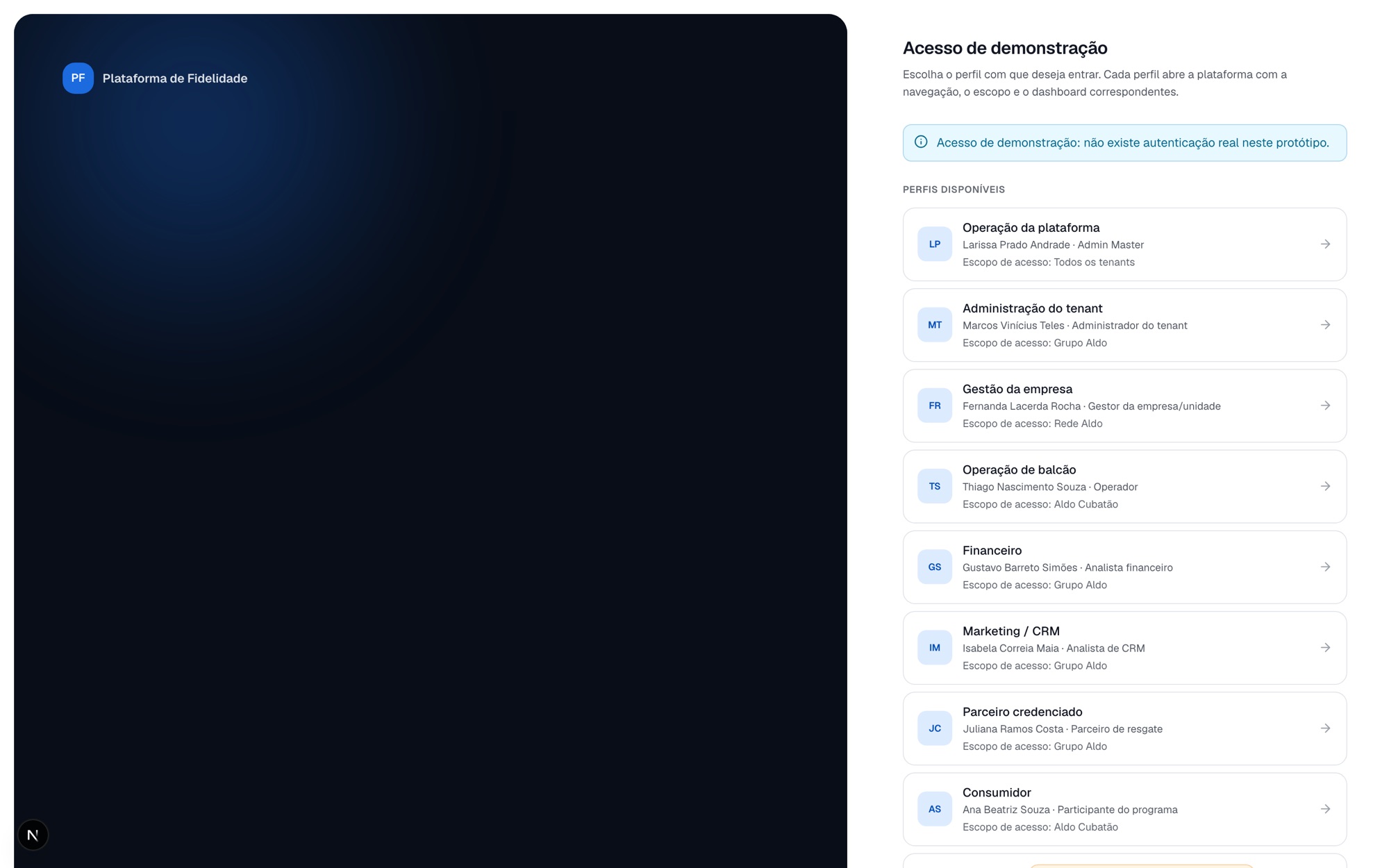 Demo profile entry screen, with the eight available profiles and the scope selector