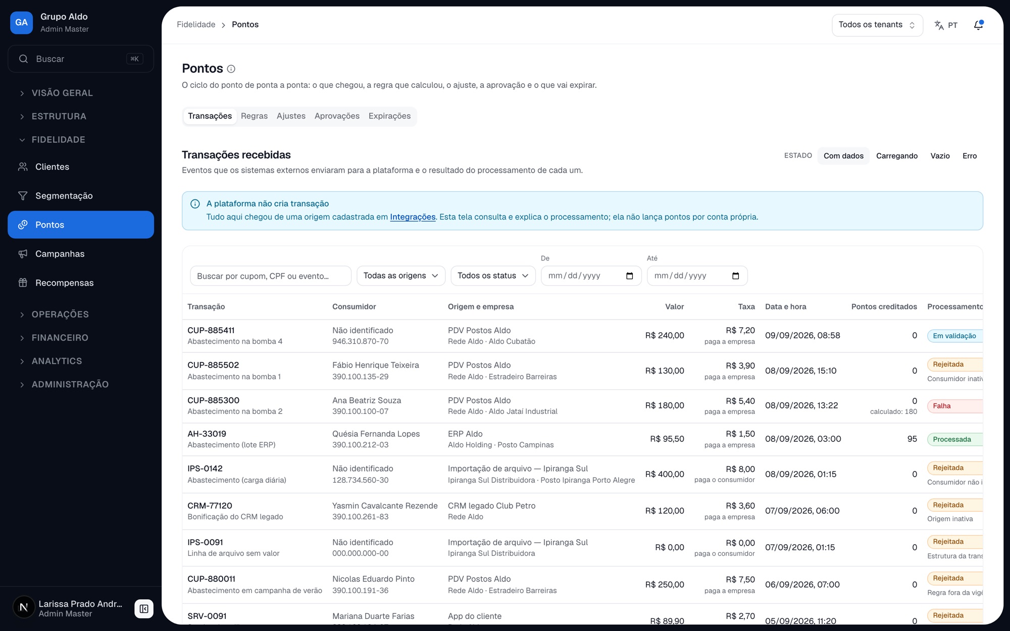 Platform transactions screen, showing source, applied rule, amount, fee and the processing outcome of each event