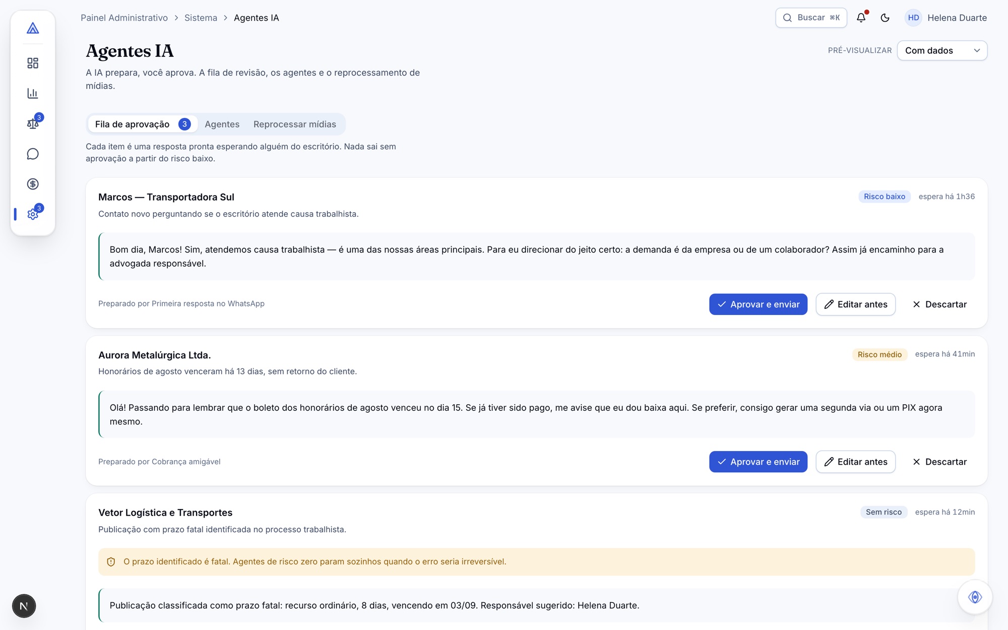 Tela de agentes de IA do LegalDock, com nível de risco, versão do agente e custo por execução