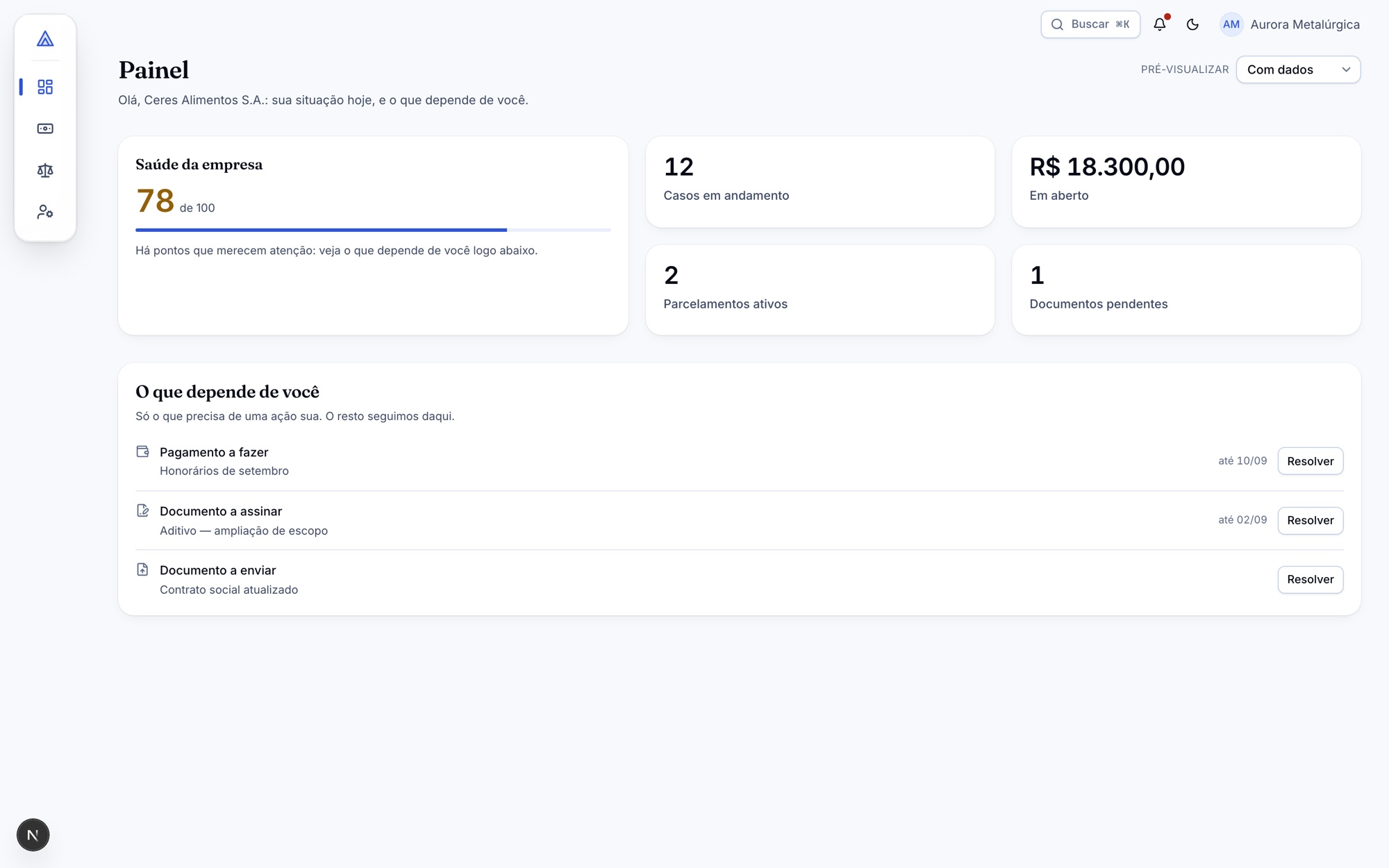 Portal do cliente do LegalDock, com a visão de quem é atendido pelo escritório